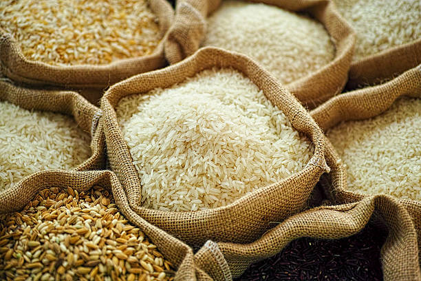istock Various types of Thai rice in burlap sacks. 492893130