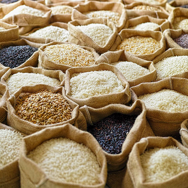 istock Various types of Thai rice in burlap sacks. 492893268