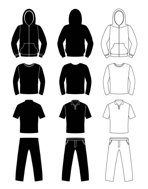 ilustrações de stock, clip art, desenhos animados e ícones de silhuetas de vestuário, casaco, t-shirt e de mangas compridas, calças - long sleeved shirt blank black