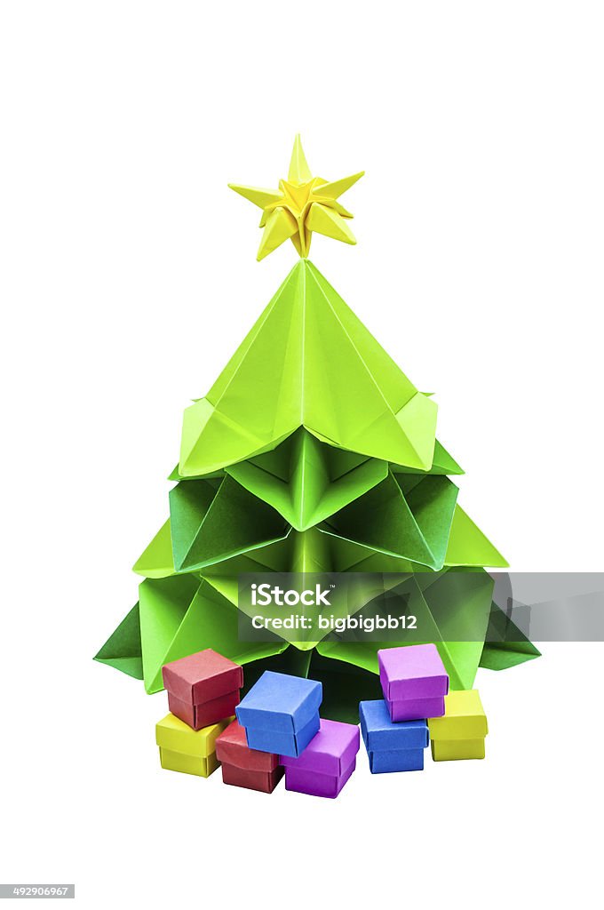 Árvore de Natal e caixas de presente, origami. - Foto de stock de Artigo de decoração royalty-free