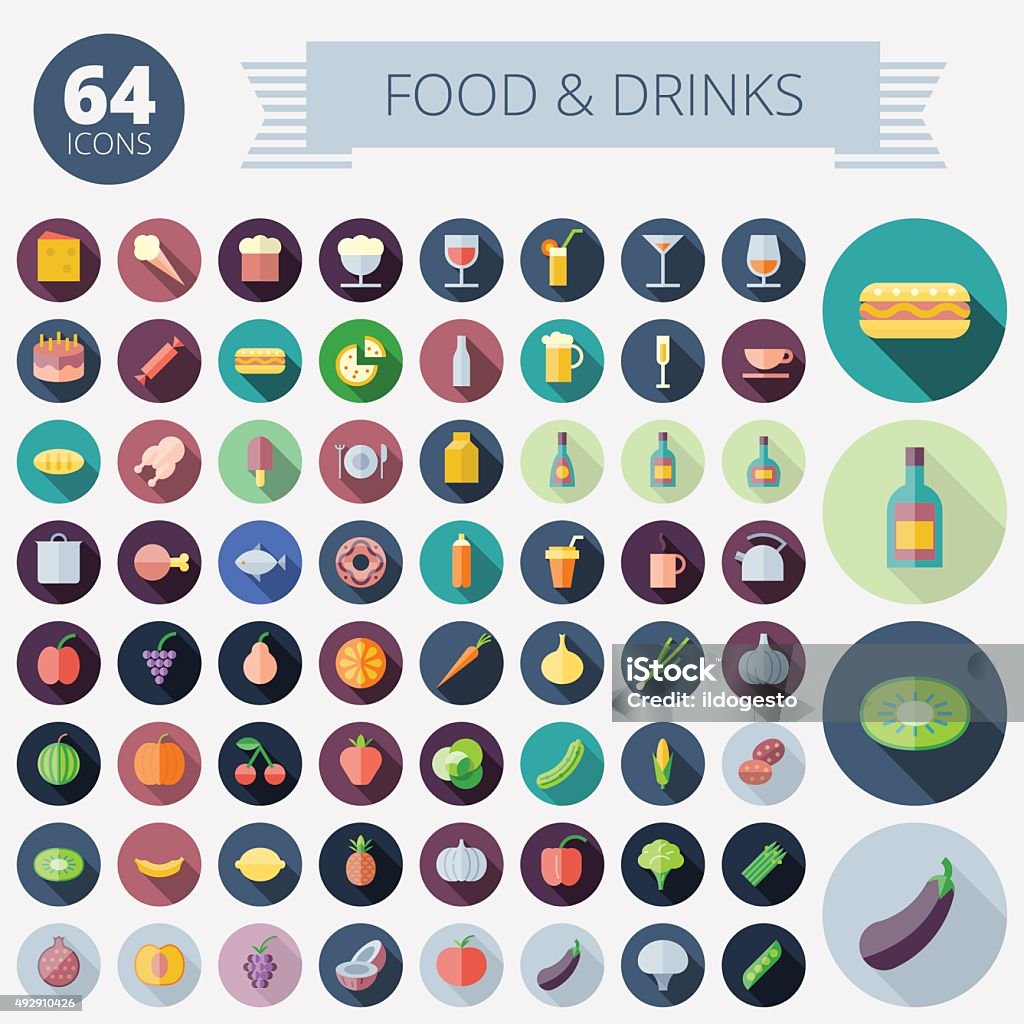 Flat Design Icons For Food and Drinks Flat Design Icons For Food, Drinks, Fruits and Vegetables. Vector eps10. Easy to recolor. Transparent shadows and relief in separate layers. Alcohol - Drink stock vector