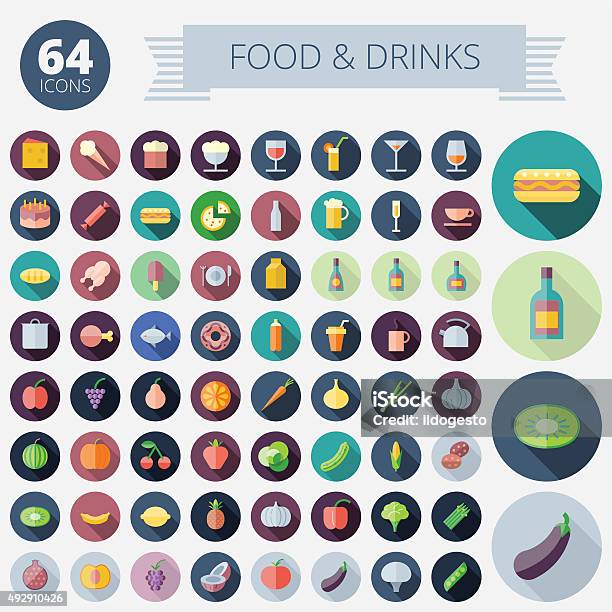 Flat Design Icons For Food And Drinks Stock Illustration - Download Image Now - Alcohol - Drink, Baked Pastry Item, Clip Art