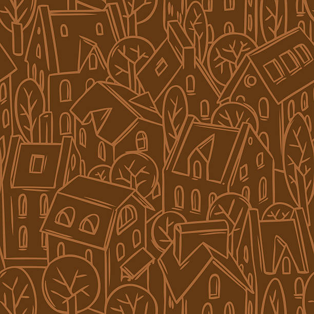 City seamless pattern with roofs City seamless pattern with houses, trees and roofs in linocut or woodcut style icy road above stock illustrations