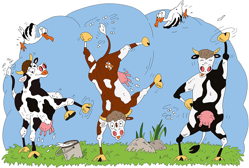 Illustration of dairy cows dancing happily in a meadow.