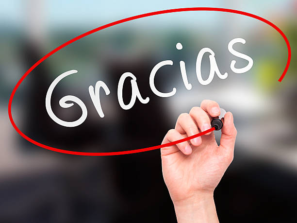istock Man Hand writing Gracias with marker on transparent wipe board. 492913786