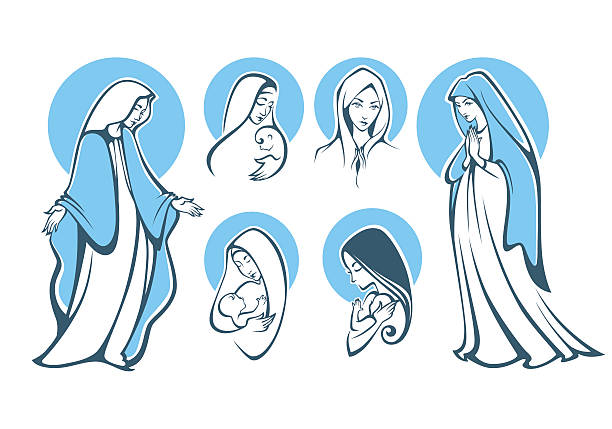ilustraciones, imágenes clip art, dibujos animados e iconos de stock de ilustraciones vectoriales de rezar virgen maría. - santa
