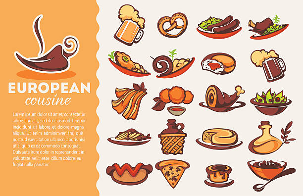 european cousine, векторная коллекция - meat bratwurst sausage sauerkraut stock illustrations