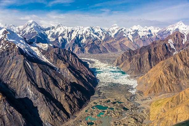 Moraine Glacier Lake Aerial View Mountain Canyon and Summits Mountain Landscape with Unique Moraine Glacier Lakes and Icefall with Rock and Snow Slopes and Summits on Horizon icefall stock pictures, royalty-free photos & images