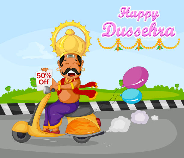 Ravana wishing Happy Dussehra offer Ravana wishing Happy Dussehra offer riding on scooter in vector ravana in happy dussehra stock illustrations