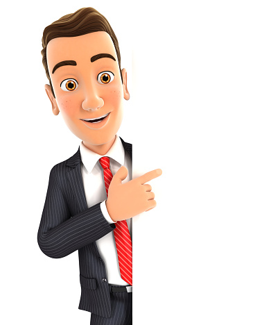 3d businessman pointing to right blank wall, isolated white background