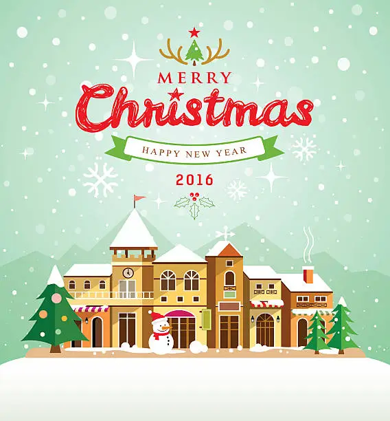 Vector illustration of Christmas Greeting Card. Merry Christmas lettering with houses