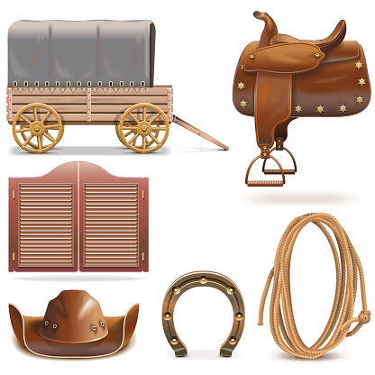 Vector cowboy icons, including hat, saddle, door, horseshoe, lasso and carriage, isolated on white background