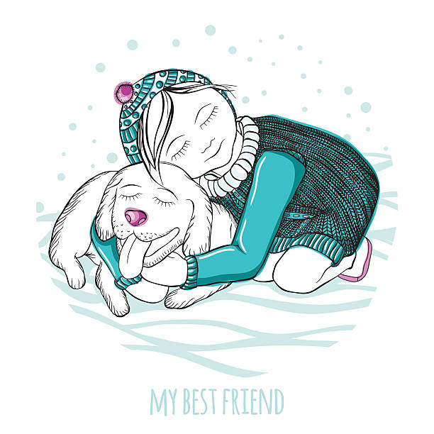 ilustrações de stock, clip art, desenhos animados e ícones de a minha melhor amigo. menina cão abraçar uma boa. inverno. - sweater cardigan isolated white background