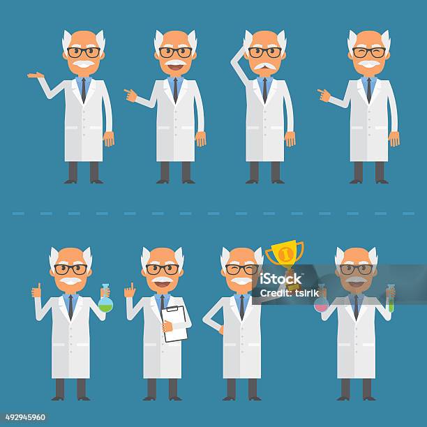 Old Scientist In Various Poses Stock Illustration - Download Image Now - 2015, Adult, Adults Only