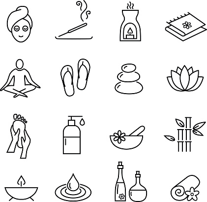 Collcetion of icons representing wellness, relaxation, cosmetics and healthy lifestyle