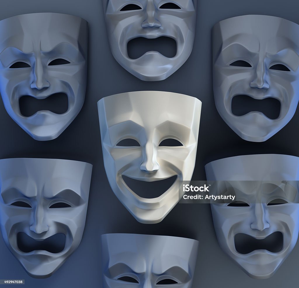 There Is Still Joy Among The Sadness Comedian and tragedy theater masks on reflective glossy background. 3D rendered graphics. Mask - Disguise Stock Photo