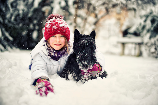 Happy little girl aged 9, is lying on her front on the snow hugging her black dog and smiling at the camera. Both the girl and the dog are snow covered after playing on the snow. The girl is wearing a white jacket and red cap.