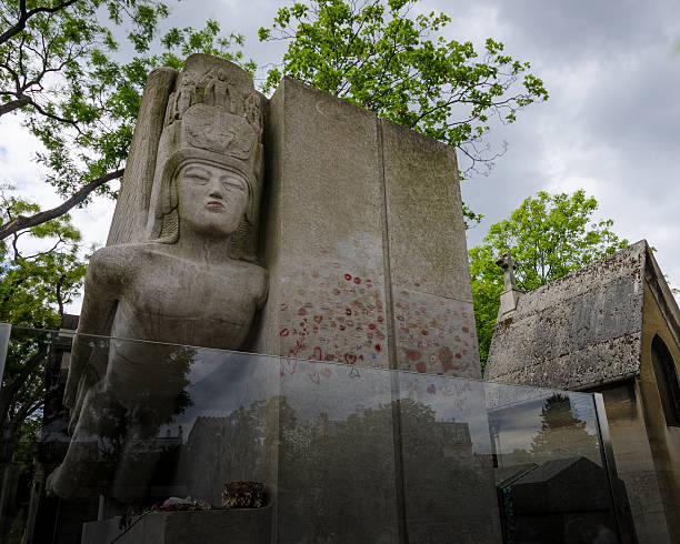 Tomb of Oscar Wilde in Pere Lachaise Cemetery Paris, France - August 16, 2015: The tomb of Oscar Wilde, famous Irish playwright and martyr to homosexuality, is behind glass to prevent further lipstick kisses on the monument erected on the grave site in 1914. oscar wilde stock pictures, royalty-free photos & images