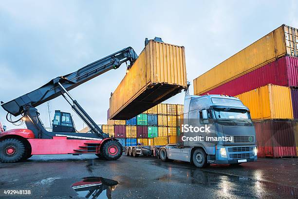 Cargo Container Transshipment Stock Photo - Download Image Now - Container, Truck, Transportation