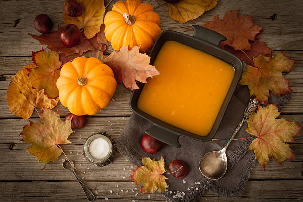 delicious, orange, autumn pumpkin soup. lunch at Halloween