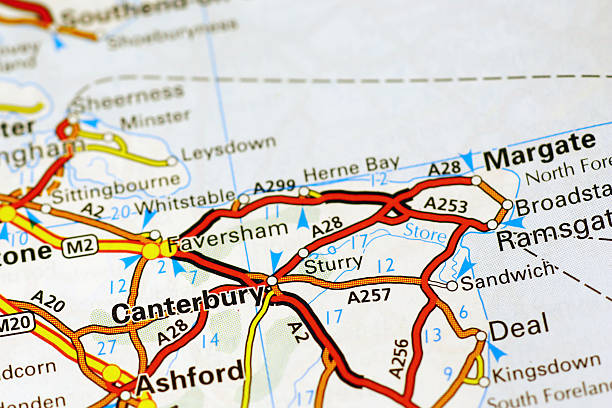 Canterbury area on a map Area of Canterbury (United Kingdom) on a map canterbury england photos stock pictures, royalty-free photos & images
