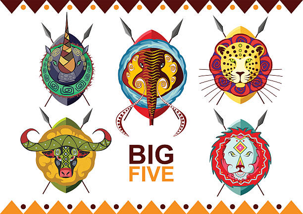 illustrations, cliparts, dessins animés et icônes de african big cinq. rhino, buffalo, éléphant, léopard et d'un lion. - five animals