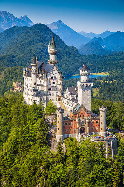 famoso castillo de neuschwanstein con vista panorámica de las montañas cerca de paisaje - bavaria allgau germany landscape fotografías e imágenes de stock