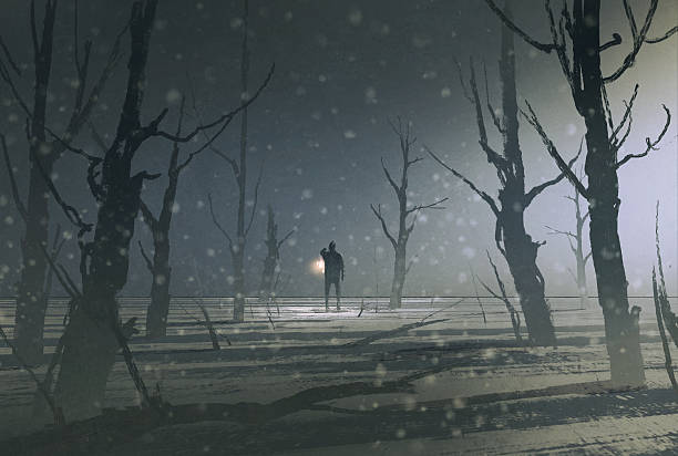 man holding lantern stands in dark forest with fog man holding lantern stands in dark forest with fog,illustration painting spooky illustrations stock illustrations