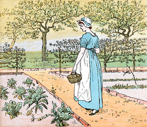 ilustrações, clipart, desenhos animados e ícones de mulher em uma horta - randolph caldecott