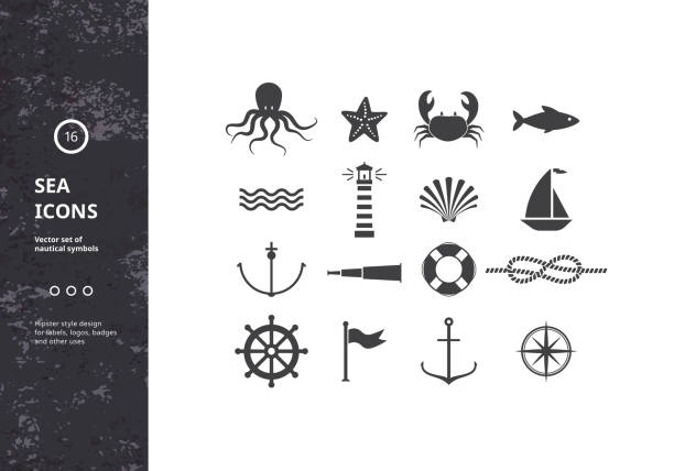 Vector Set of Nautical Icons. Vector Set of Nautical Icons. Sea Symbols Silhouettes. Hipster Style Design for Labels, Logos, Badges and Packaging. nautical vessel stock illustrations