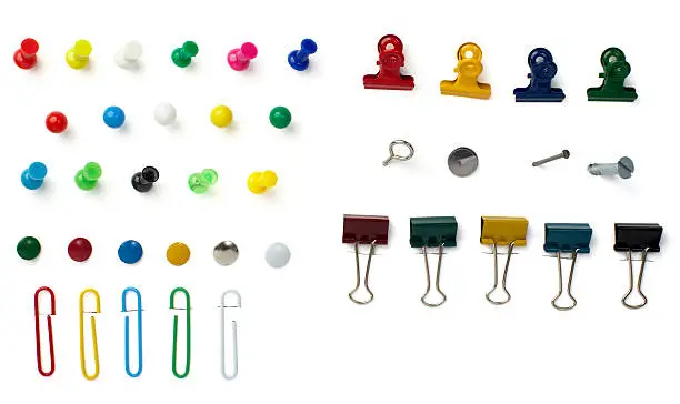 close up of various pushpins  on white background with clipping path