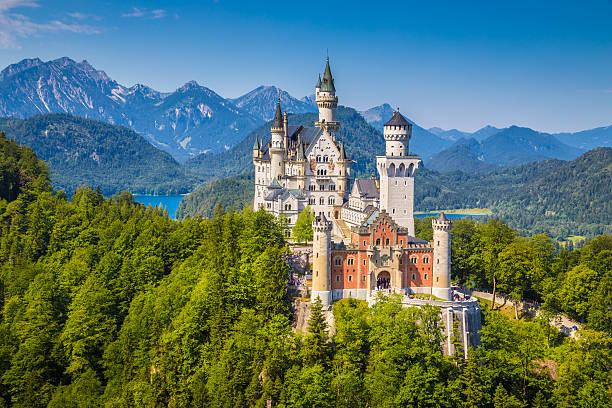 famoso castillo de neuschwanstein con vista panorámica de las montañas cerca de paisaje - bavaria allgau germany landscape fotografías e imágenes de stock