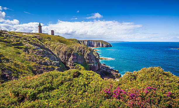 Cap Frehel peninsula, Brittany, France Panoramic view of scenic coastal landscape with traditional lighthouse at famous Cap Frehel peninsula, Bretagne, northern France. frehal photos stock pictures, royalty-free photos & images