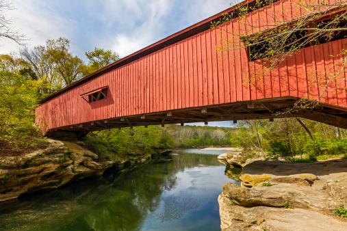 The Narrows Covered Bridge crosses Sugar Creek on the eastern edge of Parke County, Indiana's Turkey Run State Park.