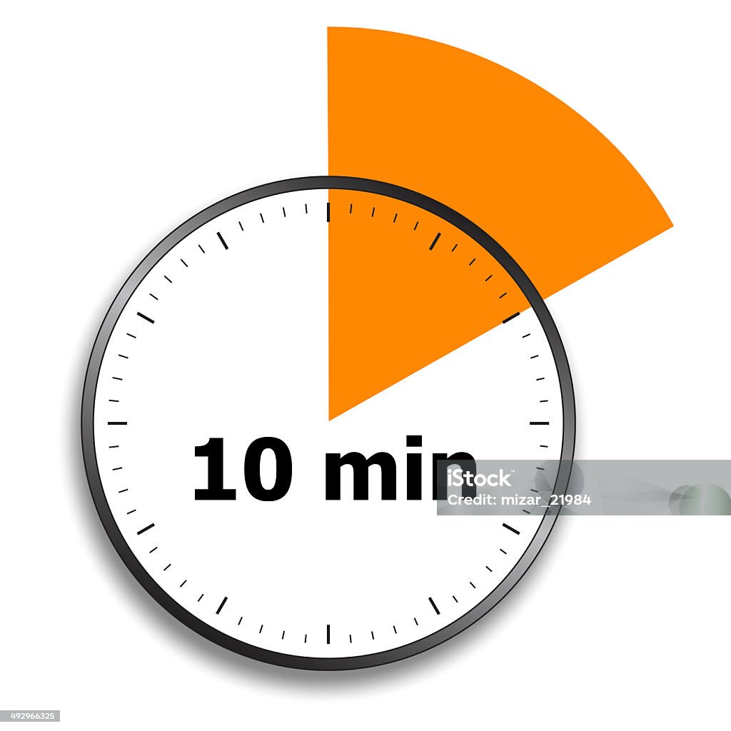 Stopwatch face with 10 minutes marked off A white clock face with an orange triangle intersecting the dial.  The phrase "10 min" appears on the clock in black type. Number 10 Stock Photo