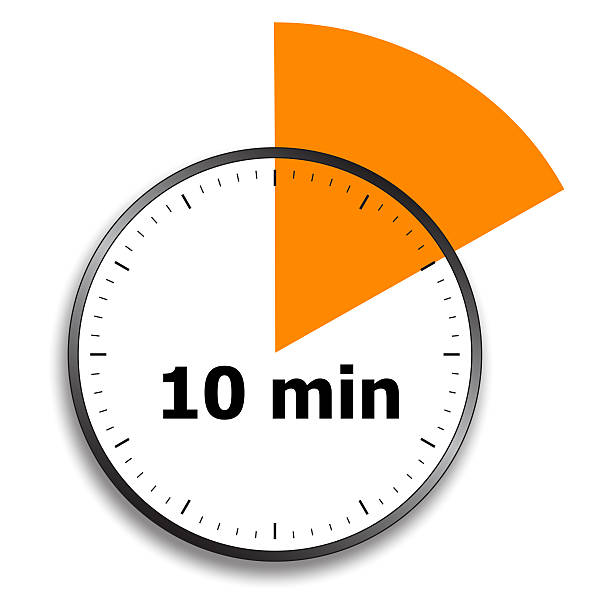 Stopwatch face with 10 minutes marked off A white clock face with an orange triangle intersecting the dial.  The phrase "10 min" appears on the clock in black type. minute hand stock pictures, royalty-free photos & images