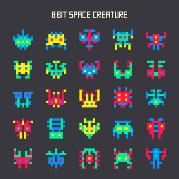 set of 8-bit color space monsters vector art illustration