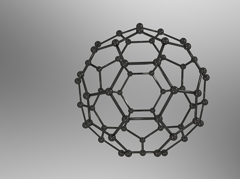 3D modeling of Fullerene system. Rendering. Fullerene on neutral grey background.