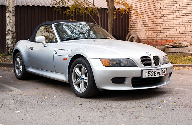 Saint-Petersburg, Russia - October 17, 2015: Silver gray BMW Z3 car stands parked on the roadside, front view