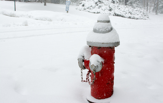 A row of red fire hydrants outdoors