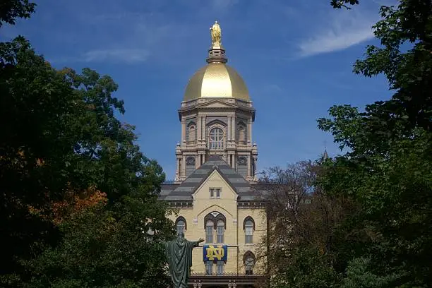 The University of Notre Dame's Golden Dome (the Main Building) on a beautiful fall Game Day before a football game.