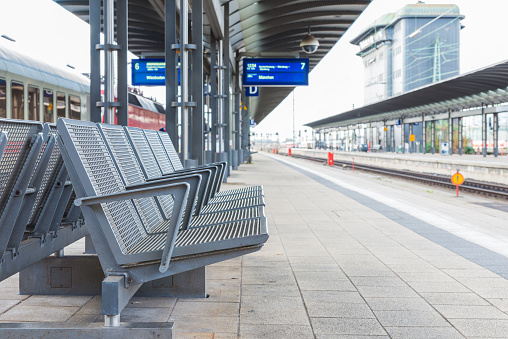 The steel chair on the platform in train station at Frankfurt, Germany