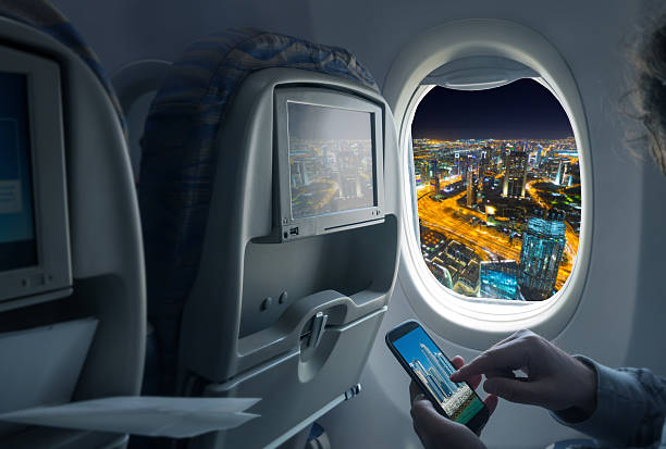 Night cityscape from an airplane stock photo