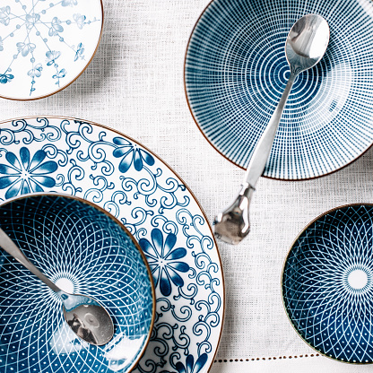 Blue table ware plates and bowls overhead