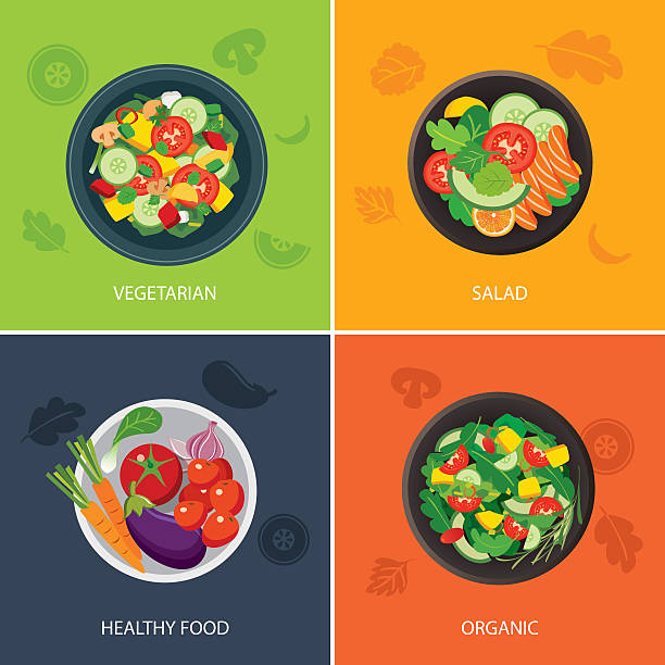 음식 웹 배너 평편 설계를 채식요리, 유기농 식품, 건강한 - 식사 음식 stock illustrations