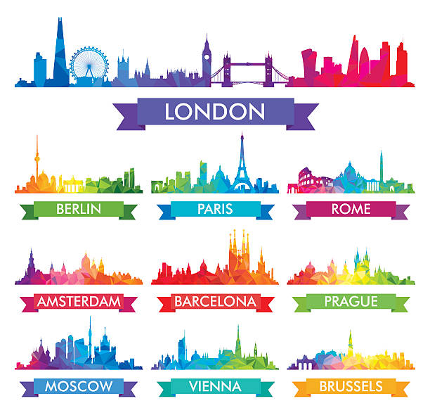 city skyline of europe colorful vector illustration - barcelona 幅插畫檔、美工圖案、卡通及圖標