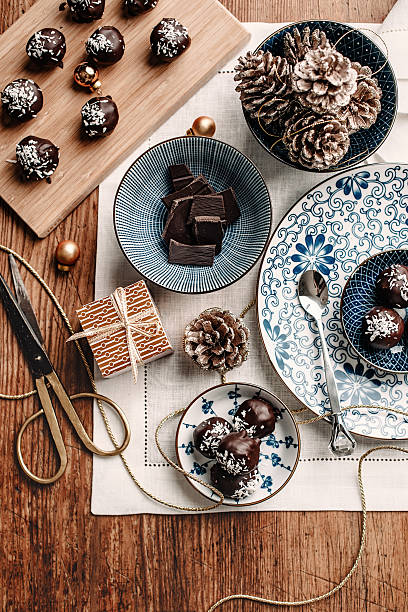 istock Homemade chocolate candy gift overhead table top 492987244