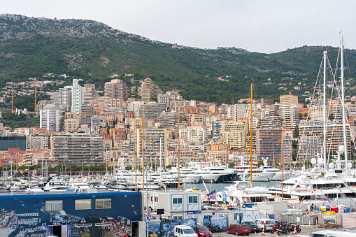 Monaco, Principality of Monaco - October 9, 2015: the yachts marooned at Port Hercule, the famous Monaco Marina.