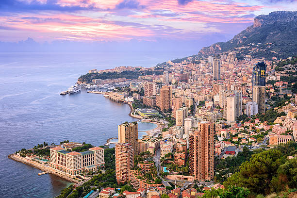 Monte Carlo, Monaco View of  Principality of Monaco at sunrise monte carlo stock pictures, royalty-free photos & images