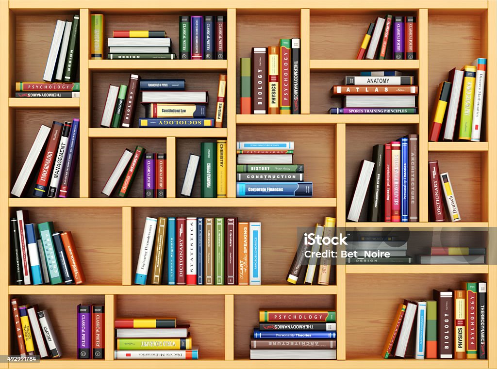 Education concept. Bppks and textbooks on the bookshelf. Education concept. Bppks and textbooks on the bookshelf. 3d Bookshelf Stock Photo